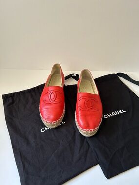 CHANEL Red Leather Espadrille Slip-Ons with CC Motif